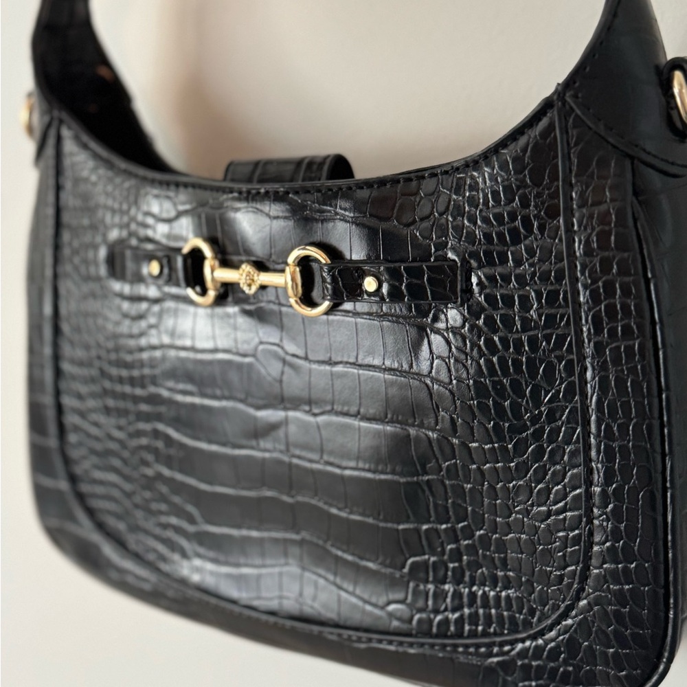 Anne Klein Black Croc-Embossed Shoulder Bag